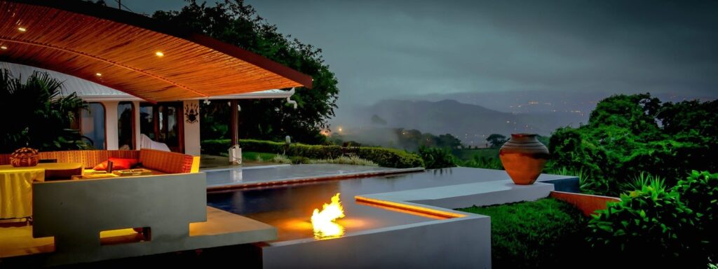 Luxury villa terrace with pool and mountain view