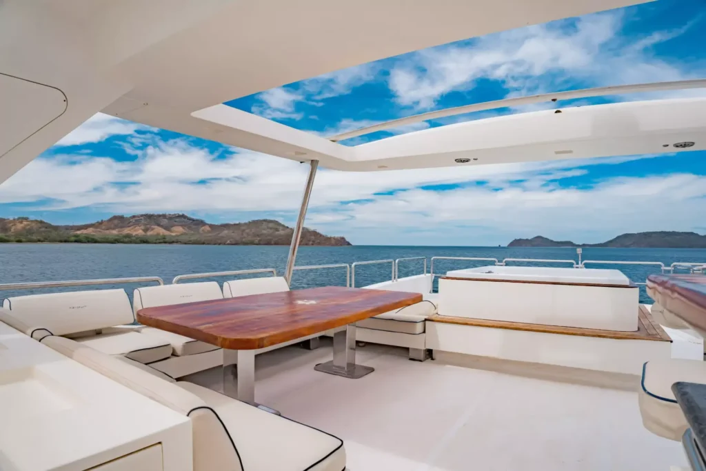 Luxury yacht deck with ocean and island view